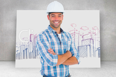 Composite image of confident manual working wearing hardhat