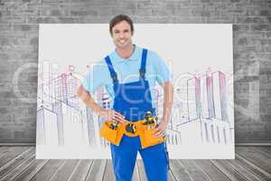 Composite image of confident carpenter with hands on hip