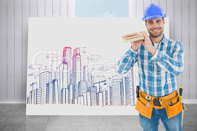 Composite image of happy carpenter carrying wooden planks