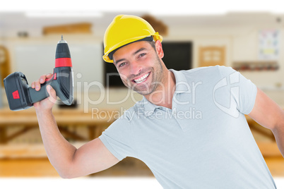 Composite image of smiling repairman holding power drill