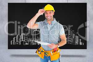 Composite image of portrait of smiling manual worker holding cli