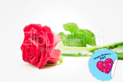 Composite image of red rose with stalk and leaves lying on surfa