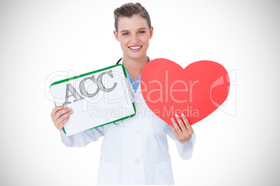 Acc against happy doctor holding clipboard and heart card