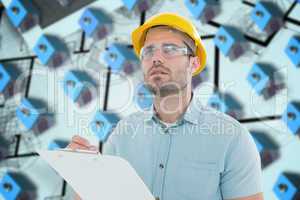 Composite image of supervisor looking away while writing on clip