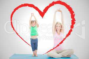 Composite image of pregnant mother and daughter doing yoga toget