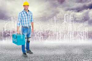 Composite image of full length portrait of repairman with toolbo