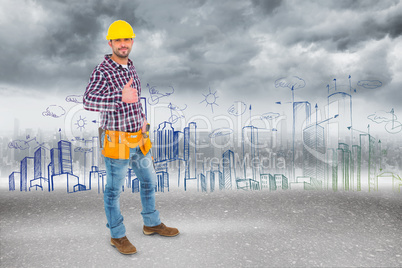 Composite image of smiling handyman gesturing thumbs up