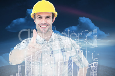 Composite image of architect showing thumbs up over white backgr