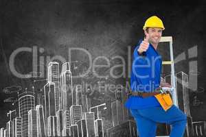 Composite image of repairman gesturing thumbs up while climbing
