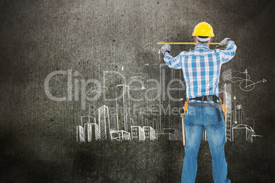 Composite image of rear view of construction worker using measur