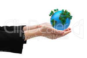 Composite image of businesswomans hands presenting