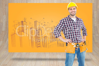 Composite image of handyman wearing tool belt while standing han