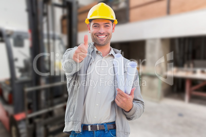 Composite image of architect showing thumbs up