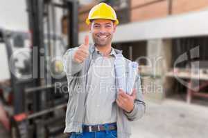 Composite image of architect showing thumbs up