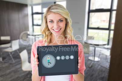 Composite image of young pretty student showing tablet pc