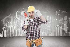 Composite image of confident handyman holding drill machine