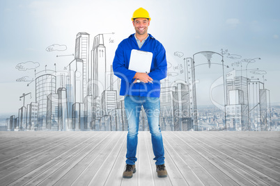 Composite image of full length portrait of happy manual worker w