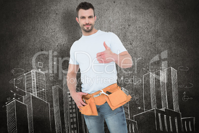 Composite image of handyman wearing tool belt with thumbs up