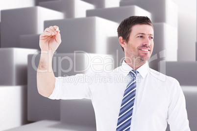 Composite image of smiling businessman writing something with wh