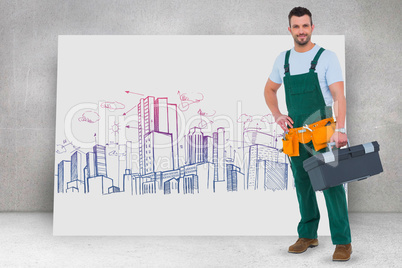 Composite image of smiling carpenter with toolbox