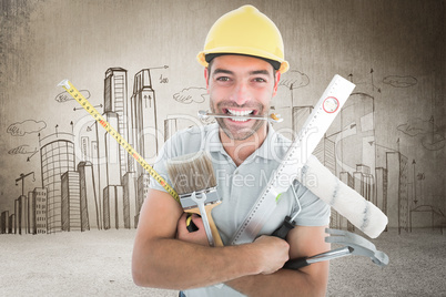 Composite image of portrait of smiling handyman holding various