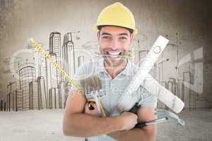 Composite image of portrait of smiling handyman holding various