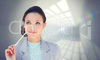 Composite image of happy brunette