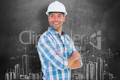 Composite image of smiling male worker standing arms crossed