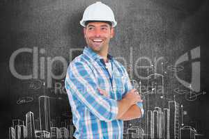 Composite image of smiling male worker standing arms crossed