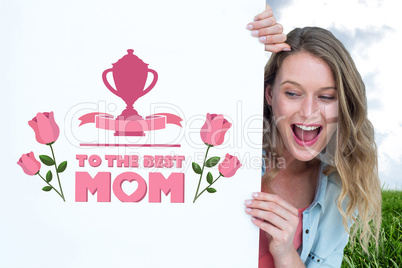Composite image of woman holding poster