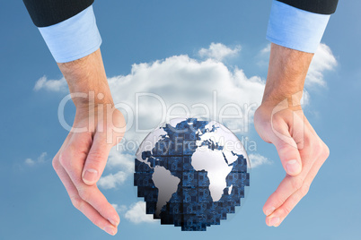 Composite image of close up of businessman with hands spread on