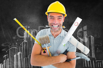 Composite image of portrait of smiling handyman holding various