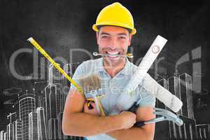 Composite image of portrait of smiling handyman holding various