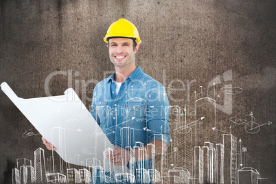 Composite image of happy architect holding blueprint in house