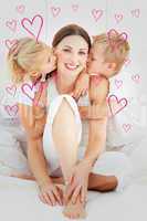 Composite image of adorable siblings kissing their mother sittin