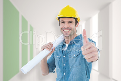 Composite image of architect holding blueprint while gesturing t