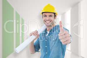 Composite image of architect holding blueprint while gesturing t