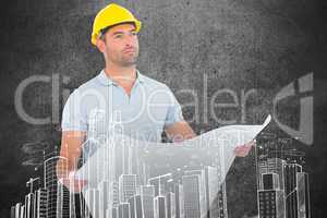 Composite image of thoughtful male architect holding blueprint