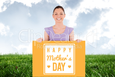 Composite image of portrait of a charming woman posing behind a