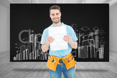Composite image of construction worker showing blank paper on cl