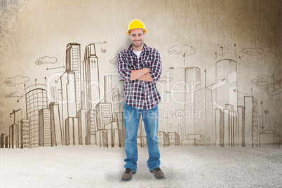 Composite image of handome male handyman standing arms crossed