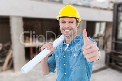 Composite image of architect holding blueprint while gesturing t