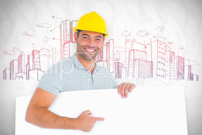 Composite image of foreman pointing at blank board on white back