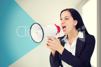 Composite image of pretty businesswoman shouting with megaphone