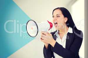 Composite image of pretty businesswoman shouting with megaphone