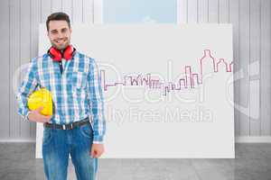 Composite image of confident manual worker with hardhat and ear