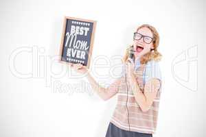 Composite image of geeky hipster woman holding blackboard and si