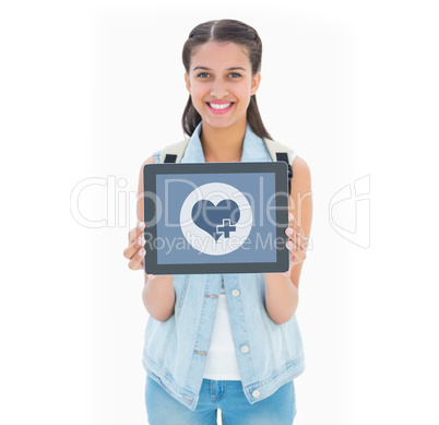 Composite image of pretty student showing her tablet pc