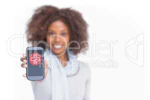 Composite image of woman with afro showing her smartphone