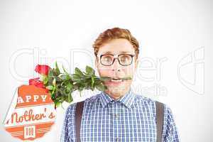 Composite image of geeky hipster biting a bunch of roses